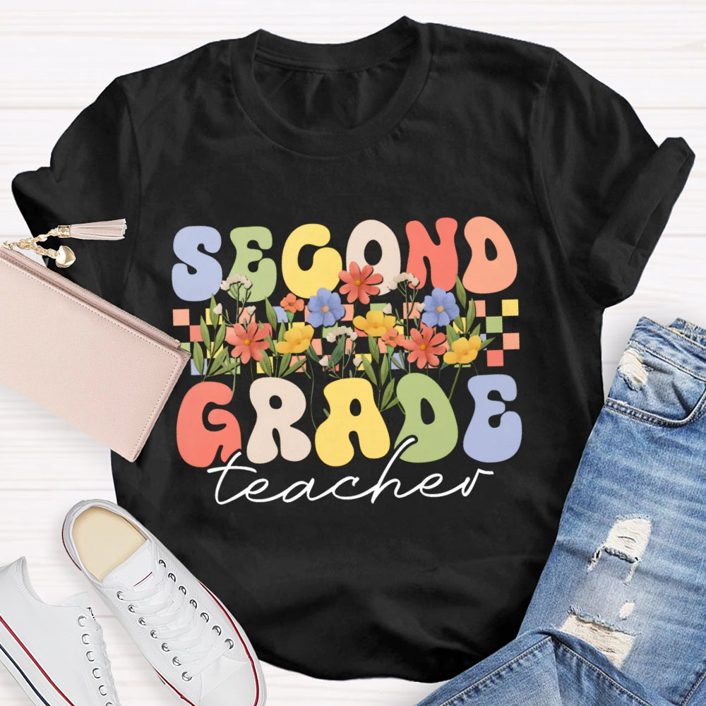 Personalized Grade Second Grade Teacher A Row Of Bouquets T-shirt