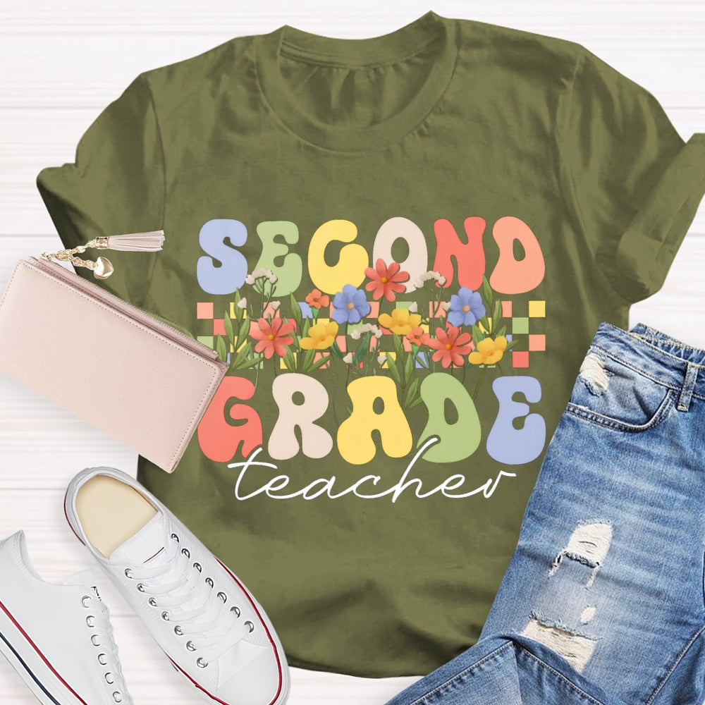 Personalized Grade Second Grade Teacher A Row Of Bouquets T-shirt