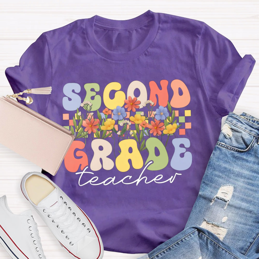Personalized Grade Second Grade Teacher A Row Of Bouquets T-shirt