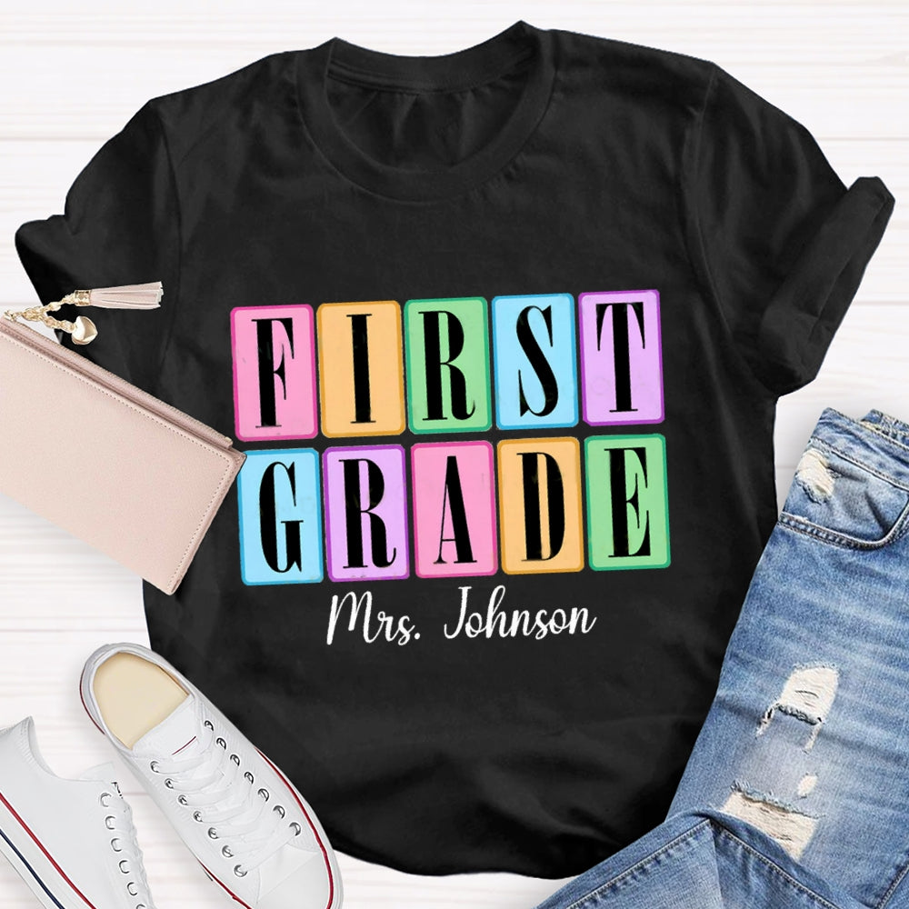 Personalized Grade And Name Second Grade Colored Squares Teacher T-shirt