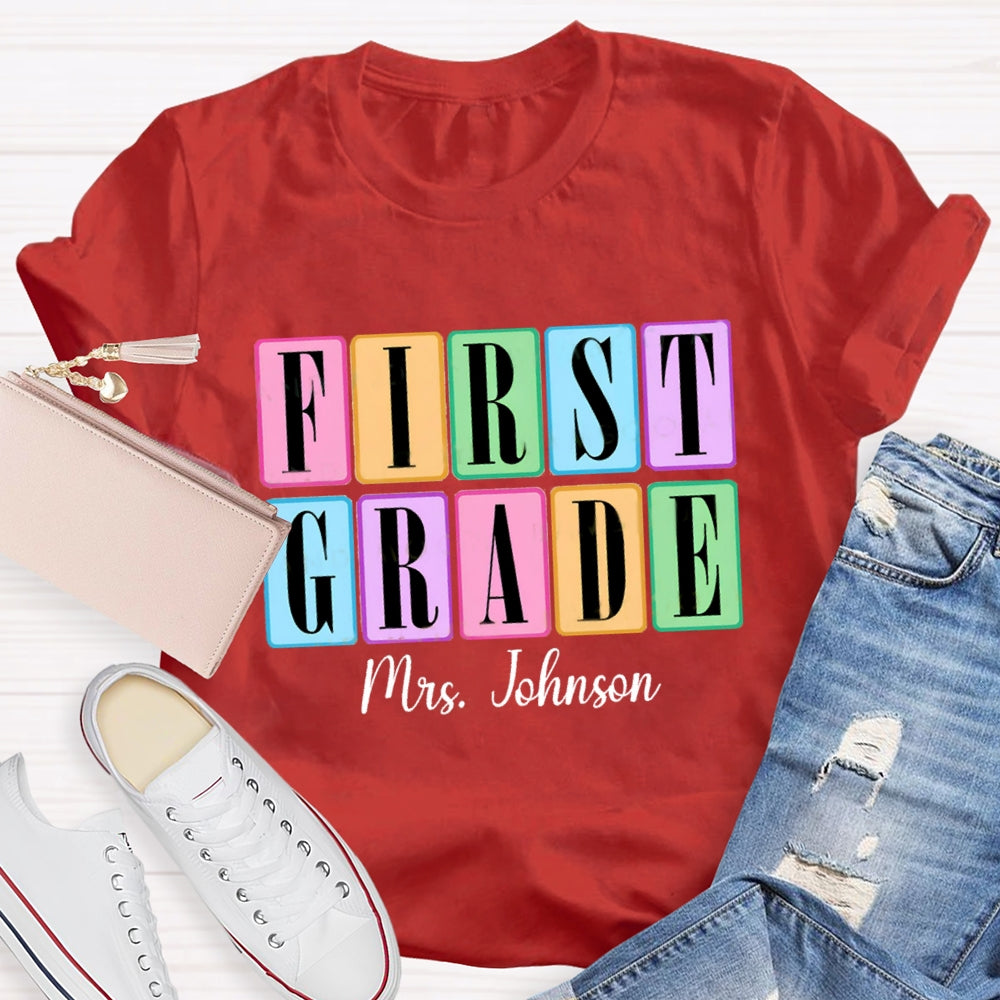 Personalized Grade And Name Second Grade Colored Squares Teacher T-shirt
