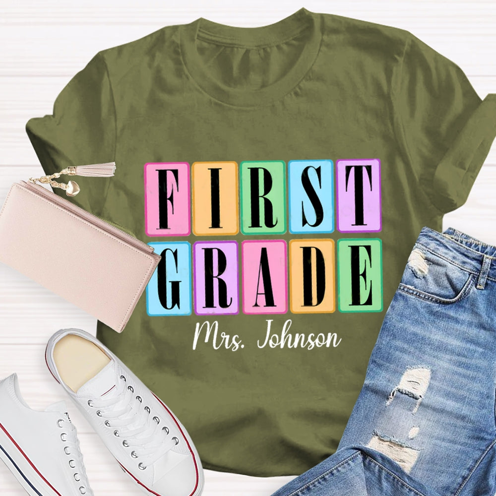Personalized Grade And Name Second Grade Colored Squares Teacher T-shirt