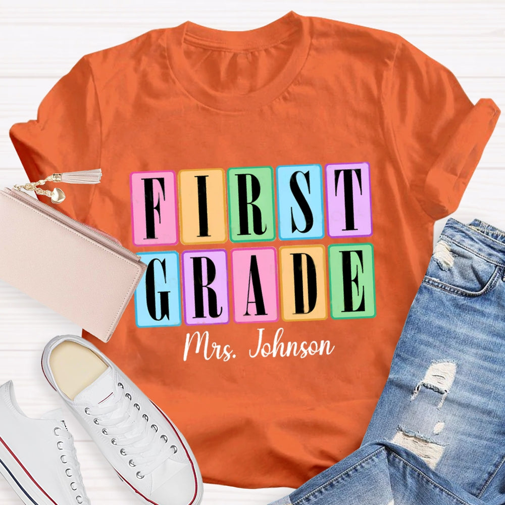 Personalized Grade And Name Second Grade Colored Squares Teacher T-shirt