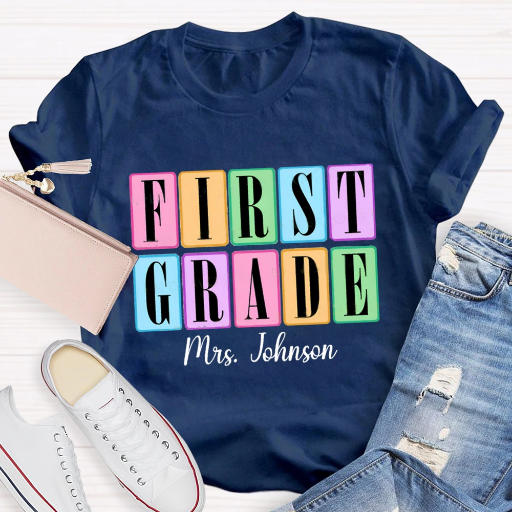 Personalized Grade And Name Second Grade Colored Squares Teacher T-shirt
