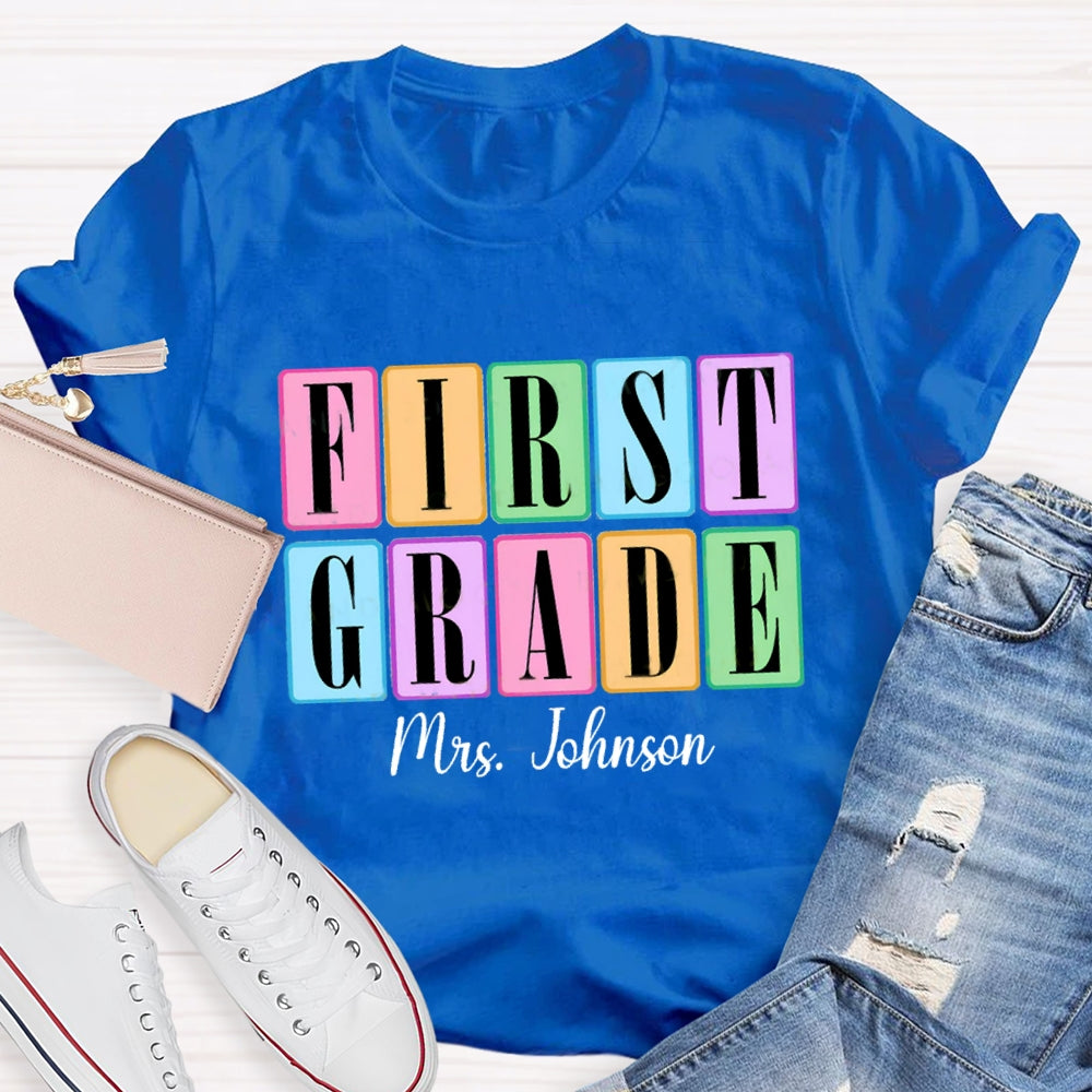 Personalized Grade And Name Second Grade Colored Squares Teacher T-shirt