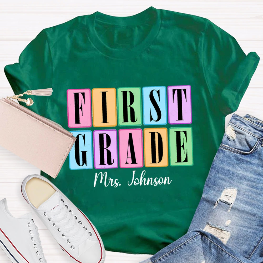 Personalized Grade And Name Second Grade Colored Squares Teacher T-shirt