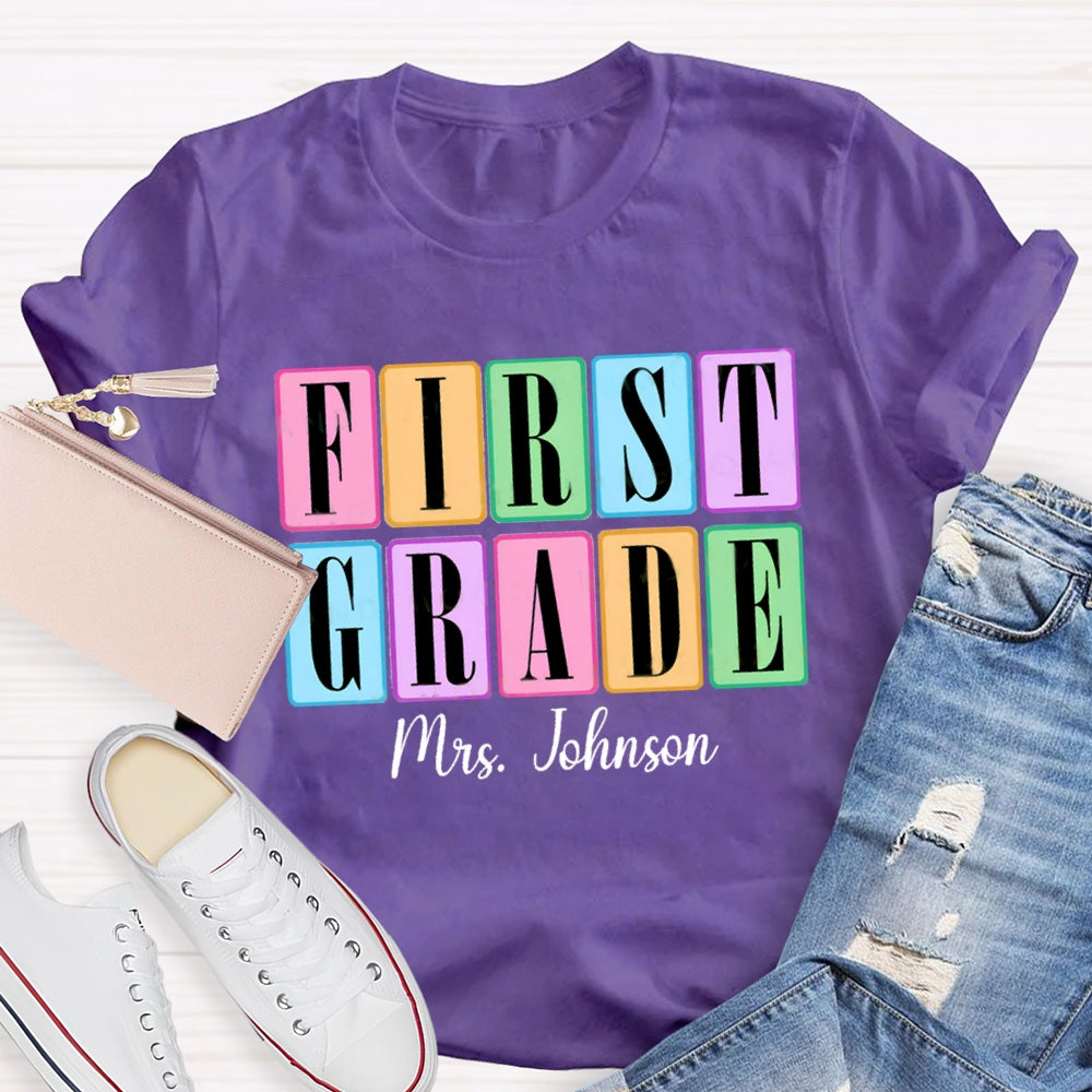 Personalized Grade And Name Second Grade Colored Squares Teacher T-shirt