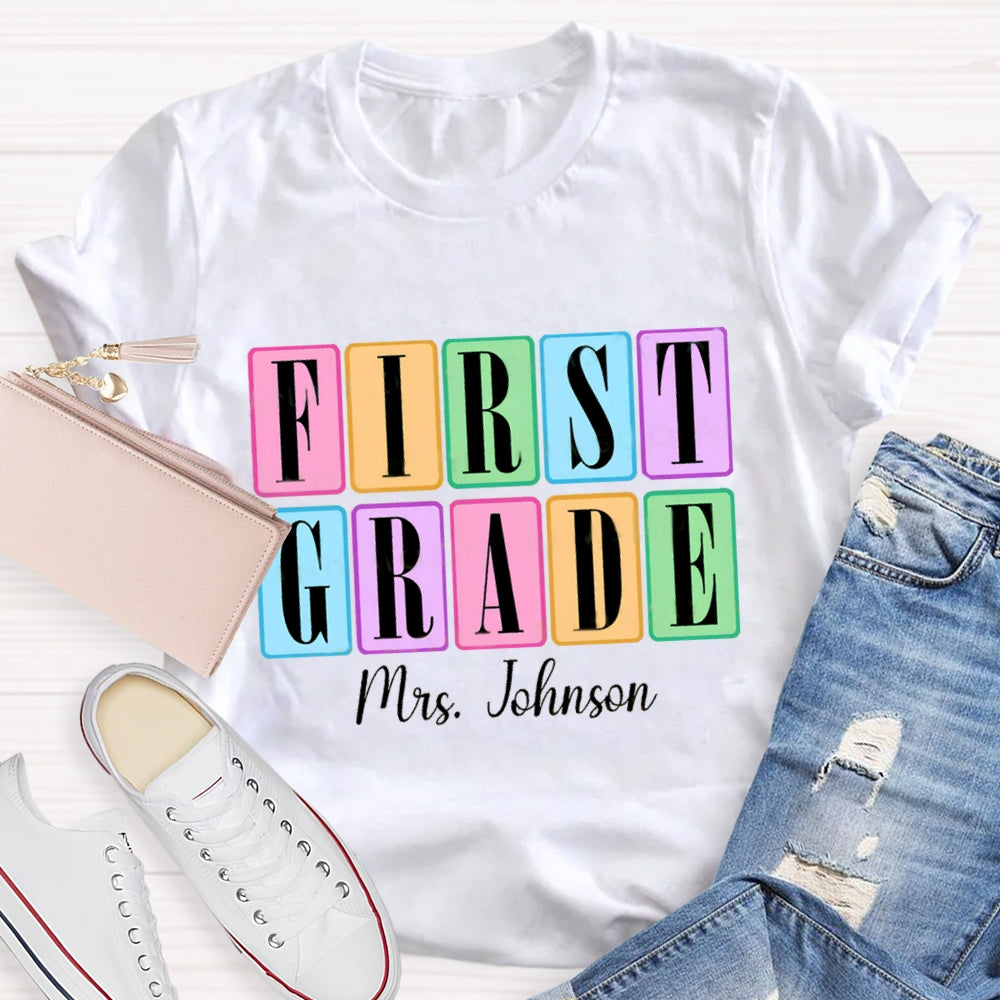 Personalized Grade And Name Second Grade Colored Squares Teacher T-shirt