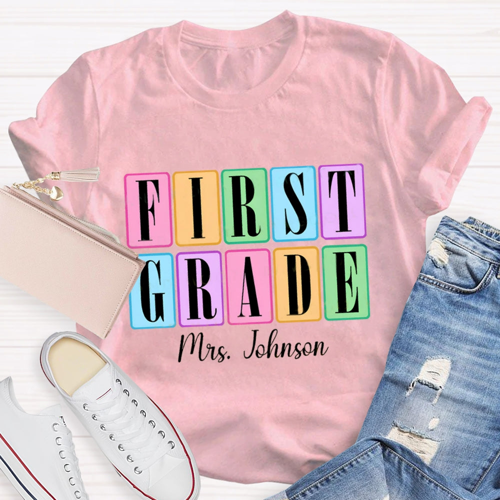 Personalized Grade And Name Second Grade Colored Squares Teacher T-shirt