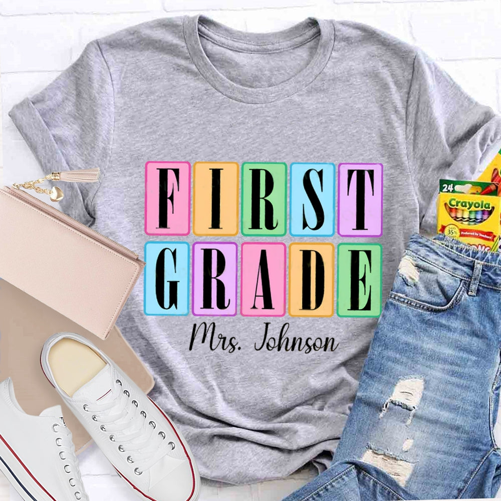 Personalized Grade And Name Second Grade Colored Squares Teacher T-shirt