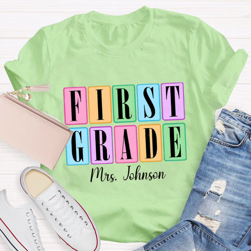 Personalized Grade And Name Second Grade Colored Squares Teacher T-shirt