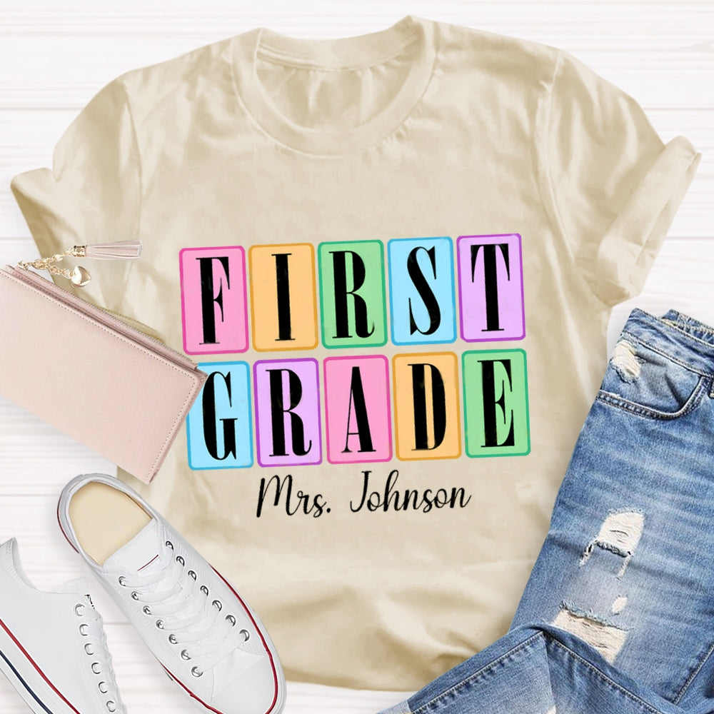 Personalized Grade And Name Second Grade Colored Squares Teacher T-shirt