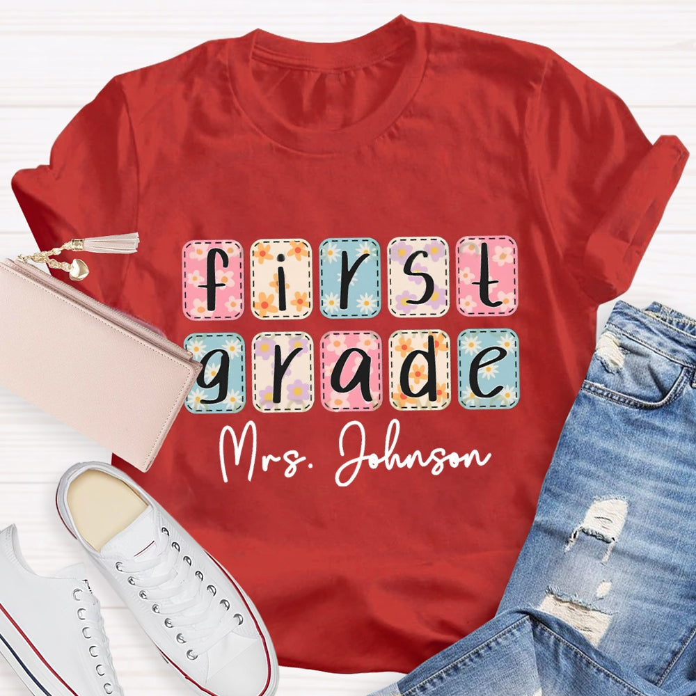 Personalized Name And Grade First Grade Colorful Square Tie-Dye Print T-shirt
