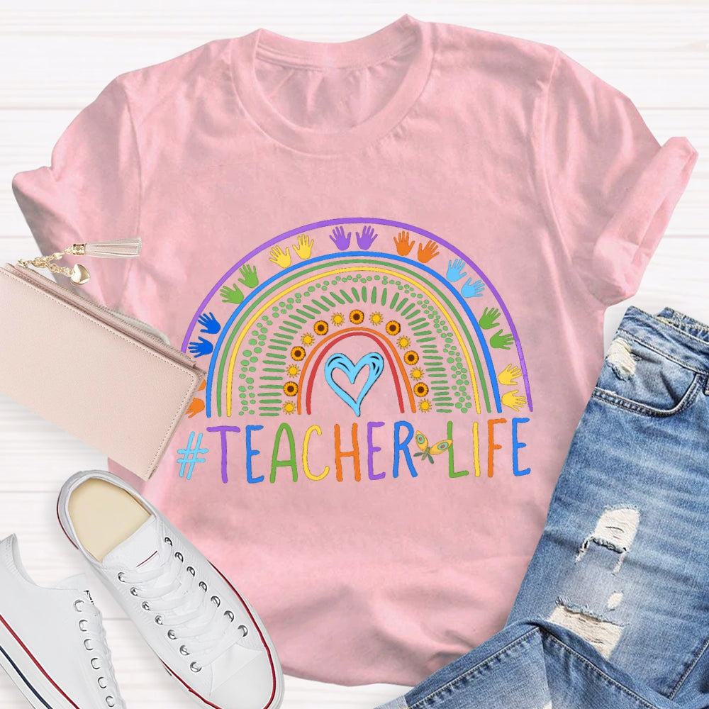Color Line Printing Blue Heart Teacher T-shirt