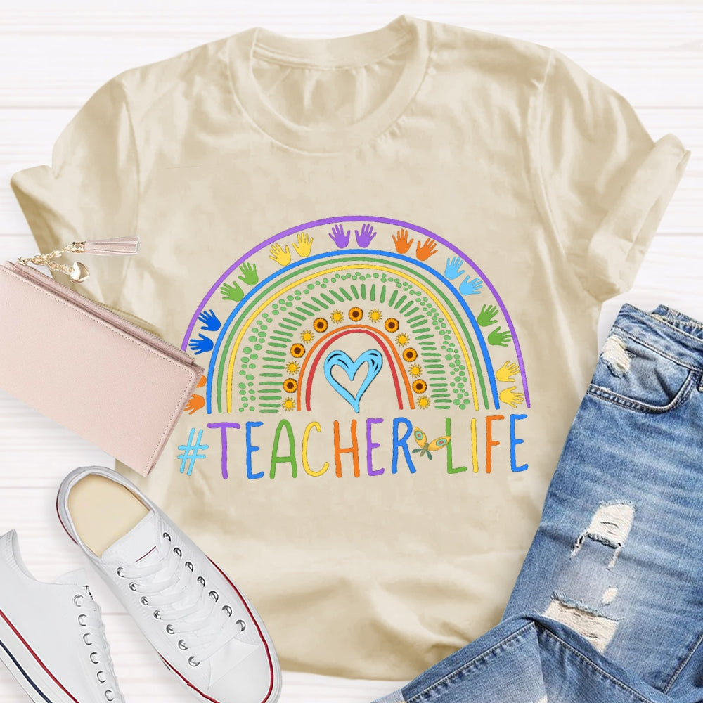 Color Line Printing Blue Heart Teacher T-shirt