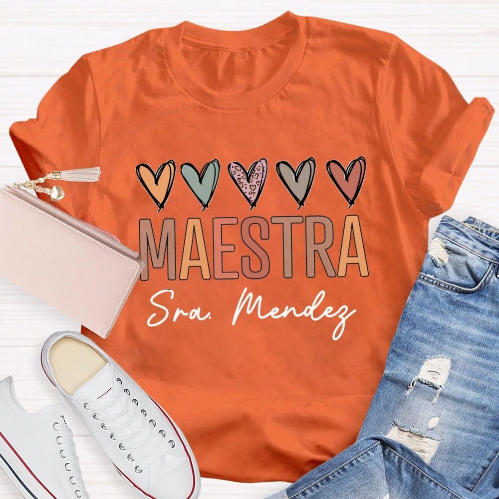 Personalized Name Maestra Colored Heart Bilingual Teacher T-shirt