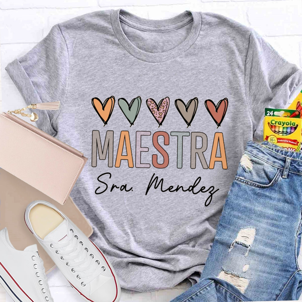 Personalized Name Maestra Colored Heart Bilingual Teacher T-shirt