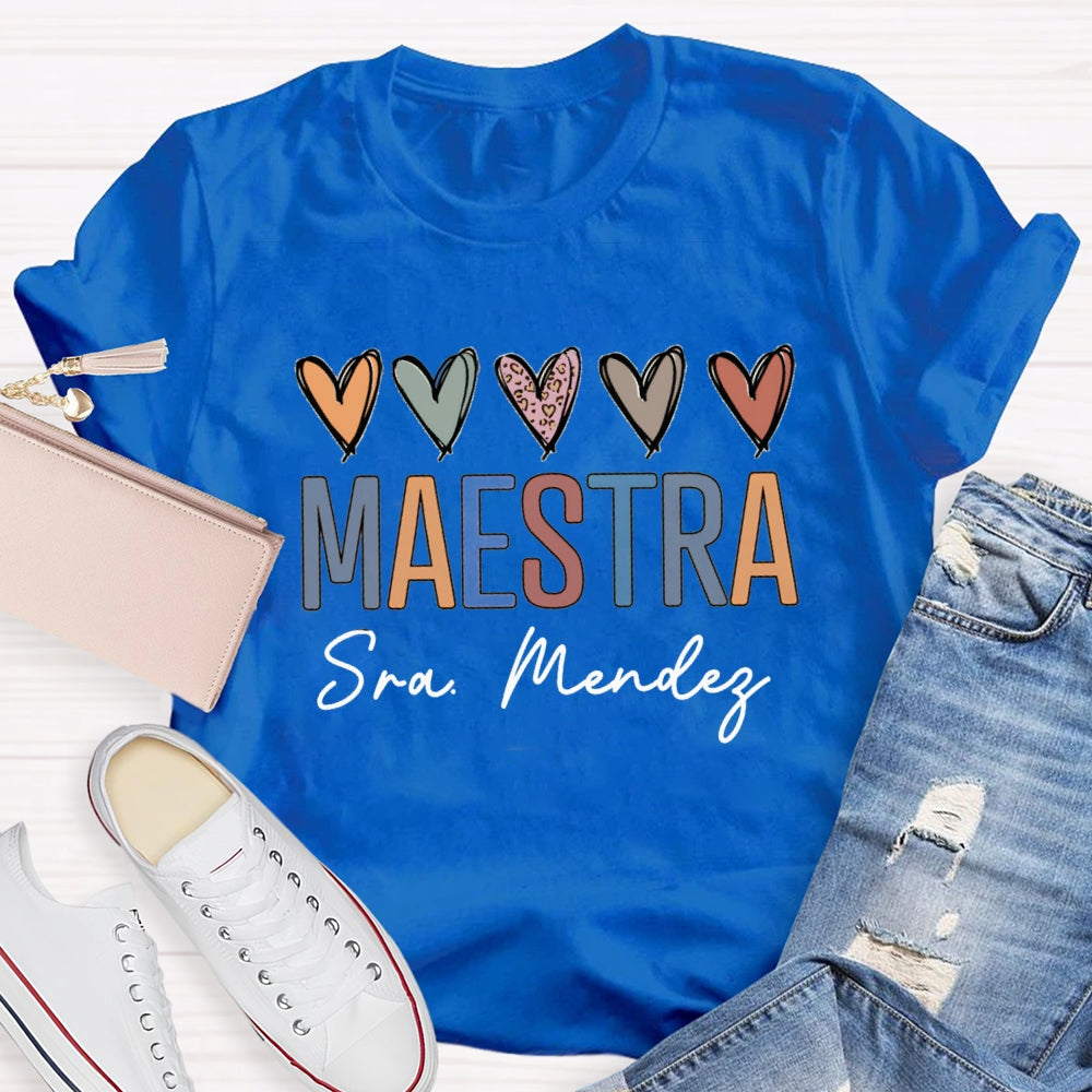 Personalized Name Maestra Colored Heart Bilingual Teacher T-shirt