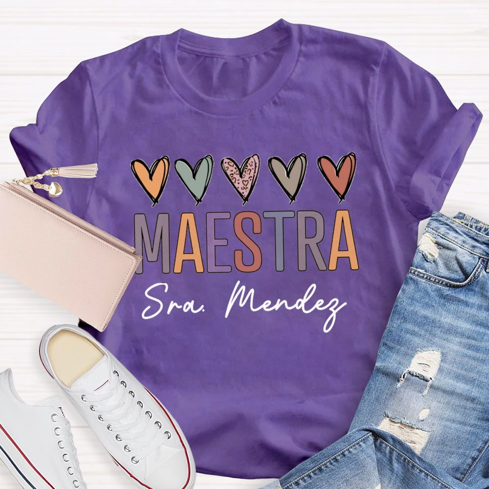 Personalized Name Maestra Colored Heart Bilingual Teacher T-shirt
