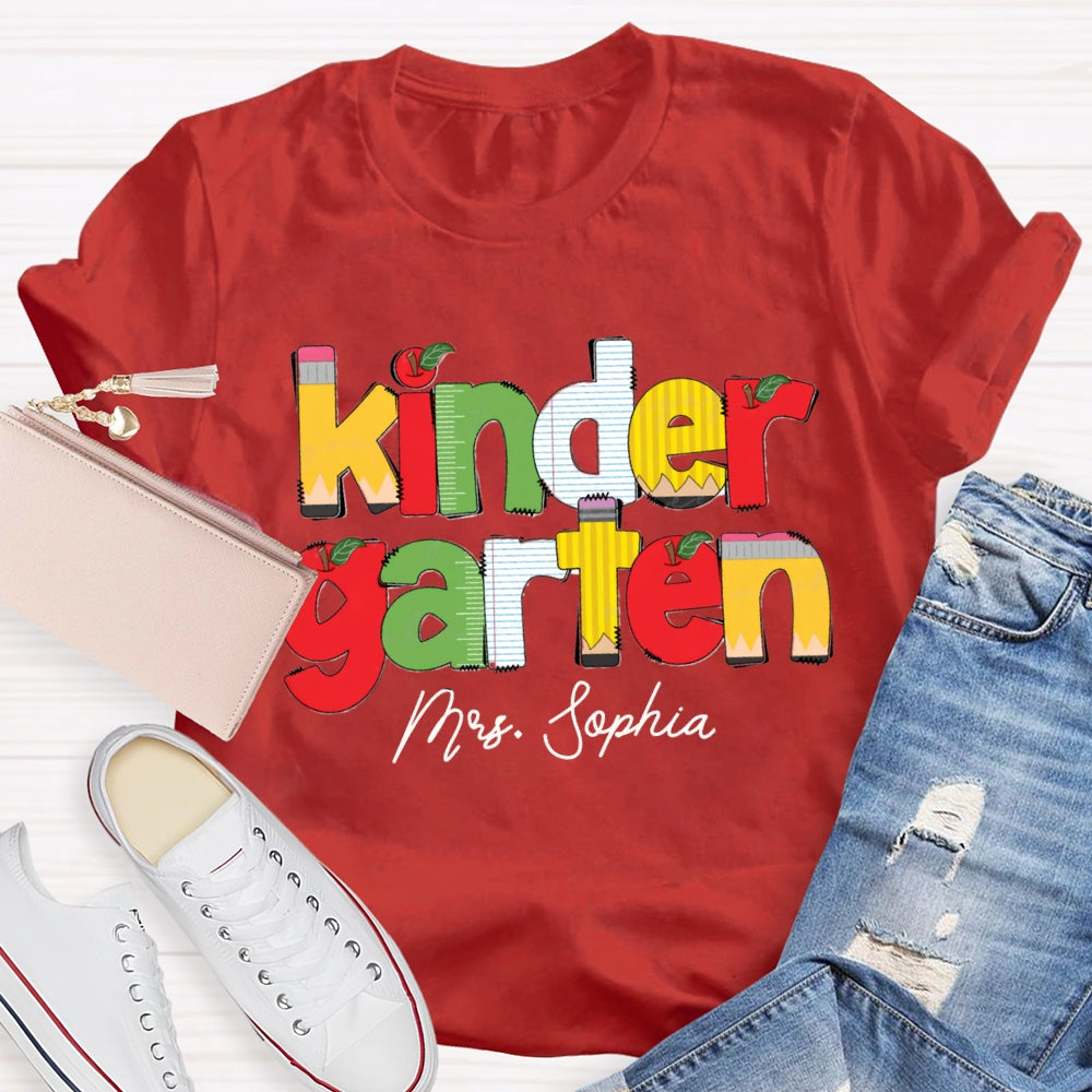 Personalized Name And Grade Kinder Garten Apple Letters Teacher T-shirt