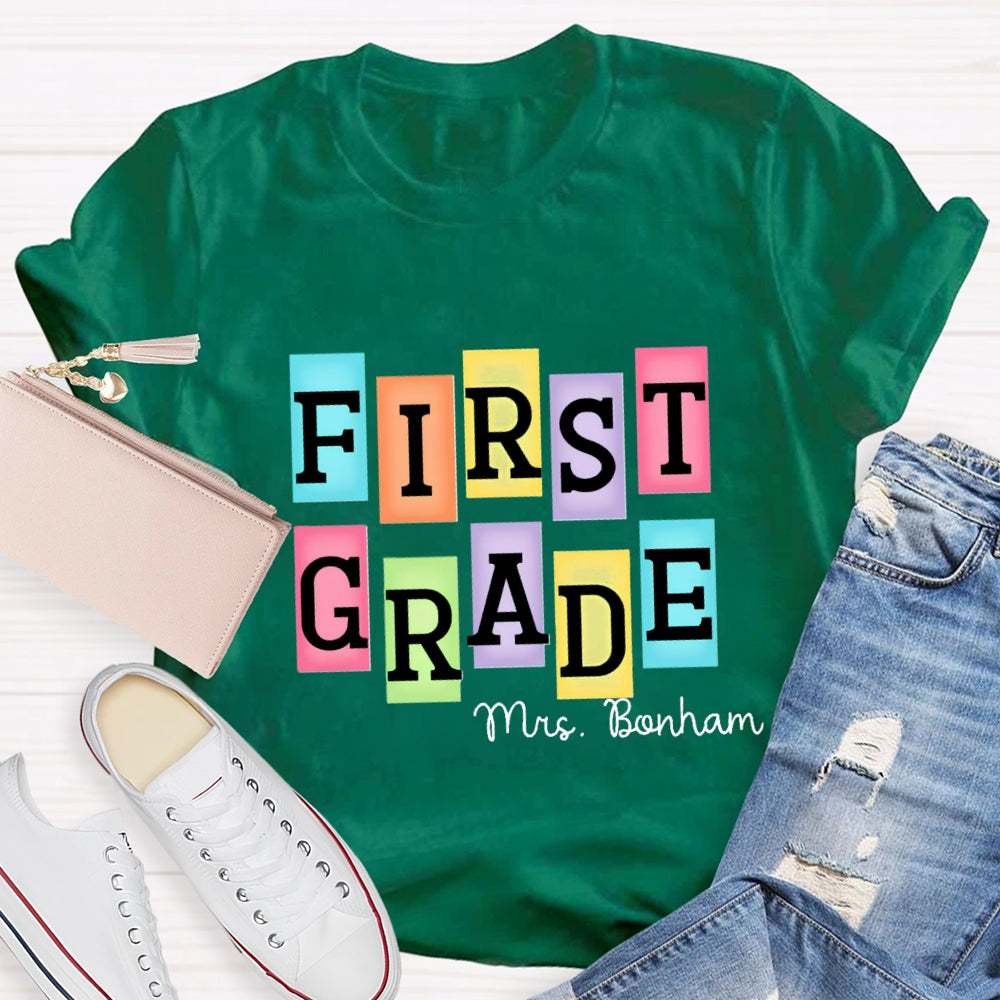 Personalized Grade And Name Colourful Rectangular Print T-Shirt
