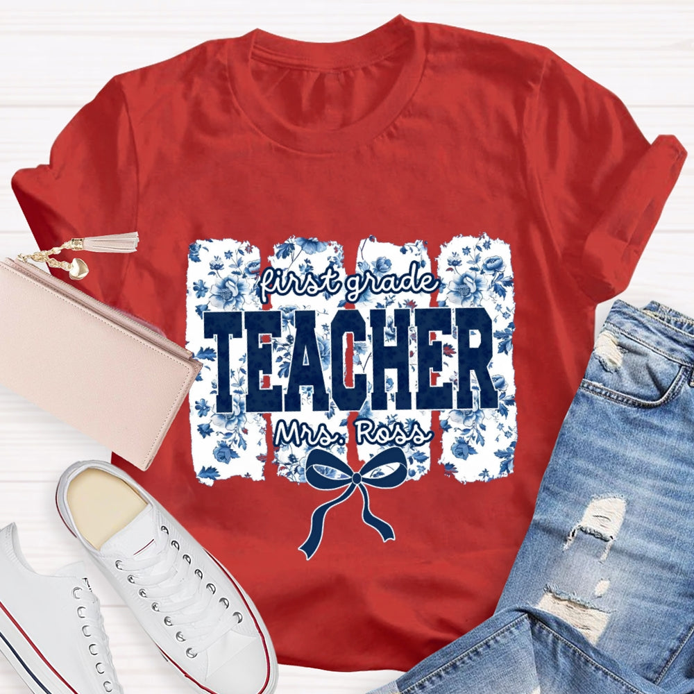 Personalized Grade And Name Blue Floral Bow T-shirt