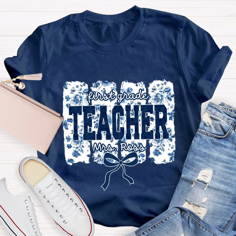 Personalized Grade And Name Blue Floral Bow T-shirt