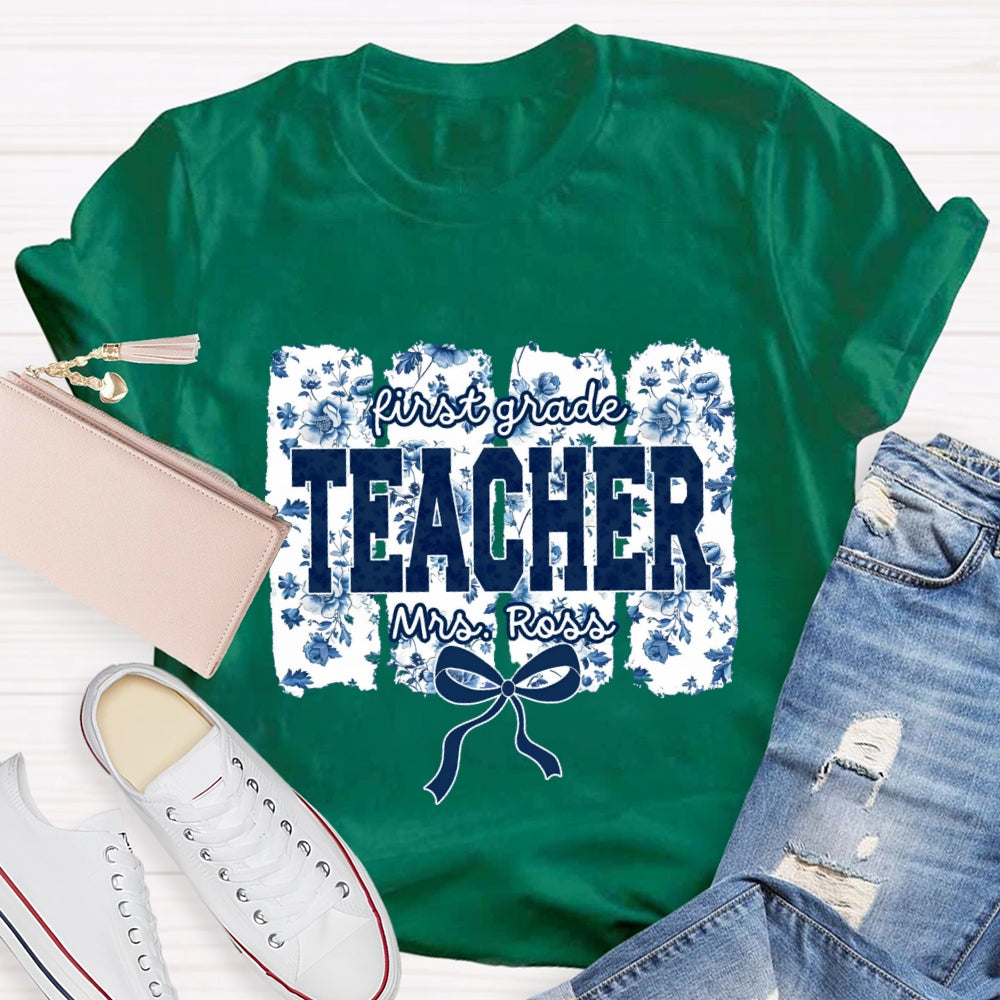 Personalized Grade And Name Blue Floral Bow T-shirt