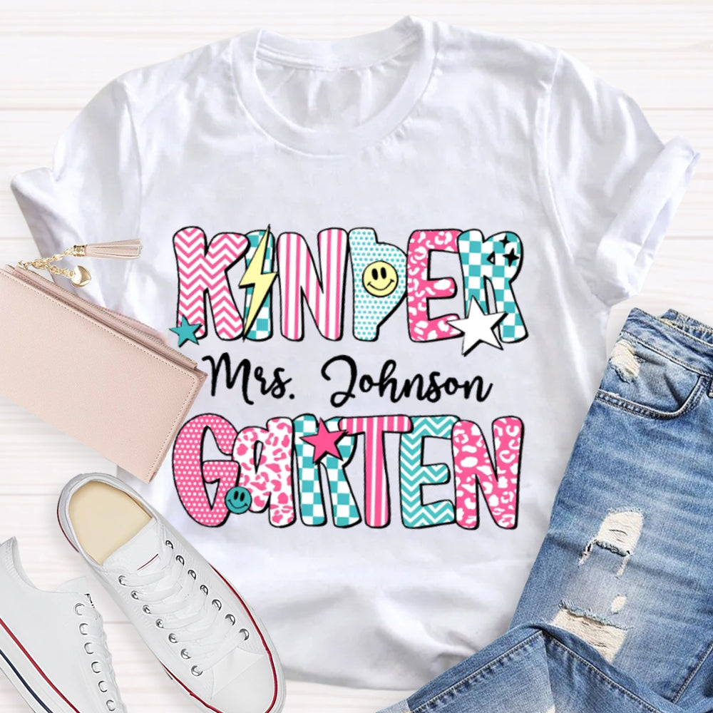 Personalized Kinder Garten Teacher Name Striped Geometric Design Text T-Shirt