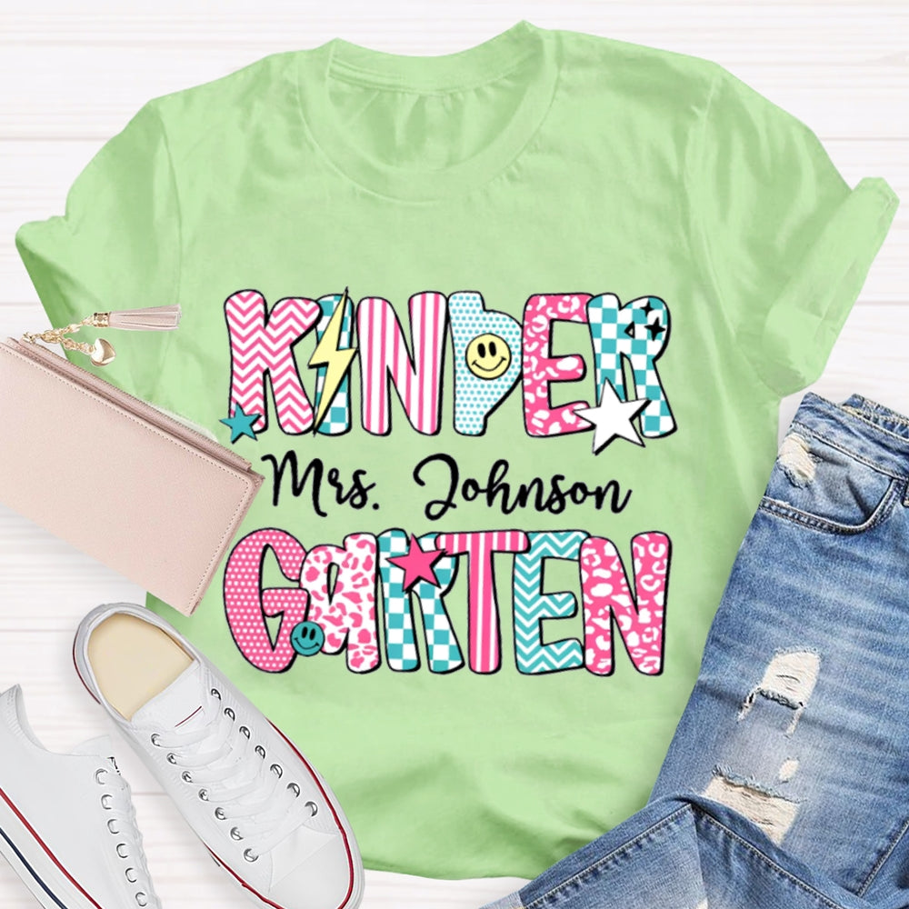 Personalized Kinder Garten Teacher Name Striped Geometric Design Text T-Shirt