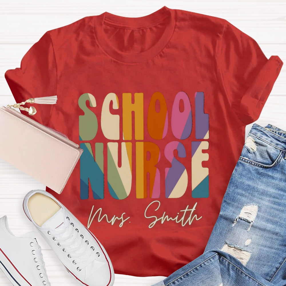 Personalized Name School Nurse Colorblock Letter Print T-shirt