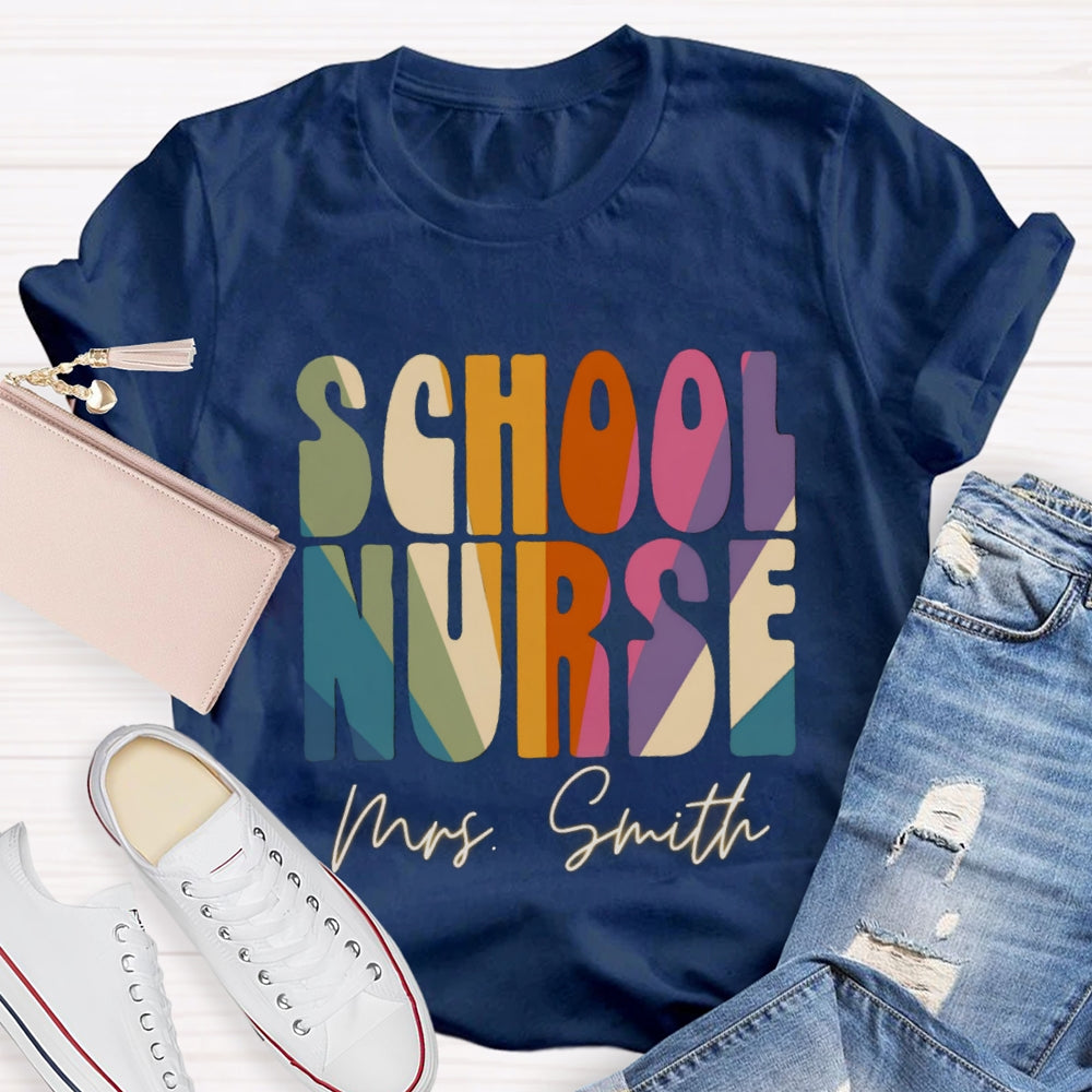 Personalized Name School Nurse Colorblock Letter Print T-shirt