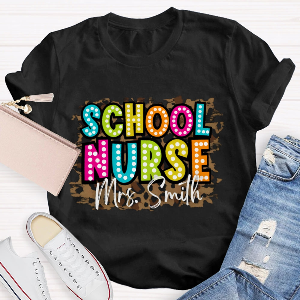 Personalized Name School Nurse Leopard Print T-shirt