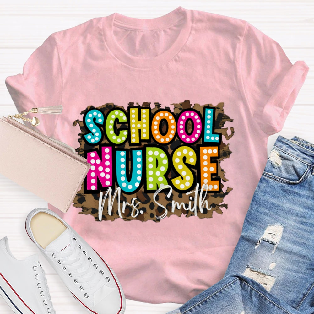 Personalized Name School Nurse Leopard Print T-shirt