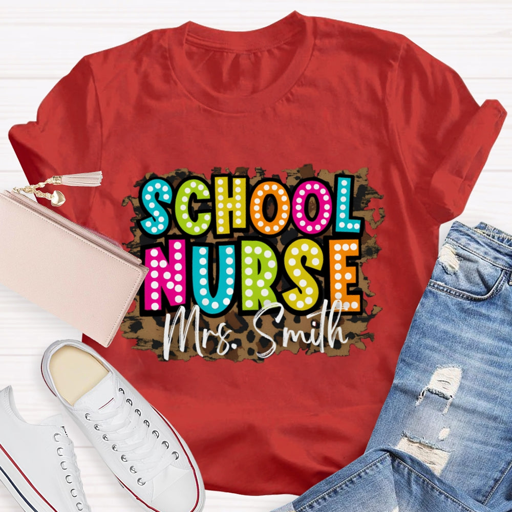 Personalized Name School Nurse Leopard Print T-shirt