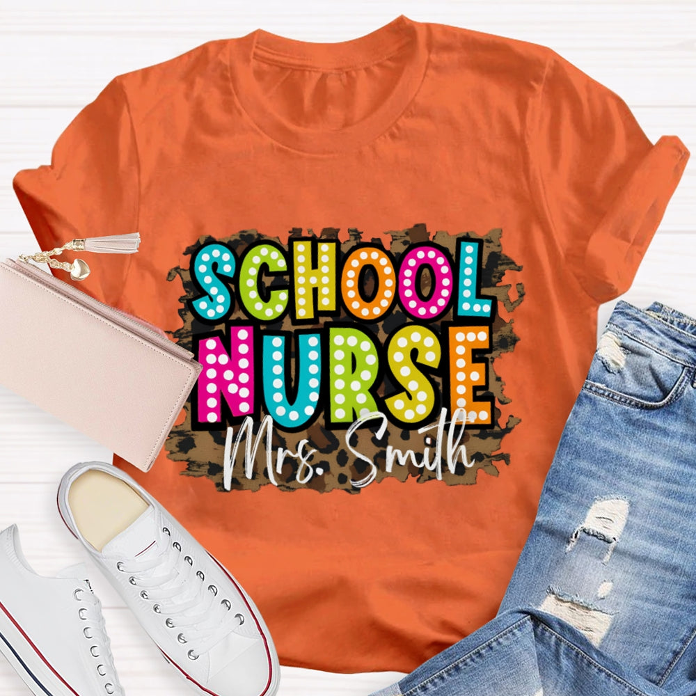 Personalized Name School Nurse Leopard Print T-shirt
