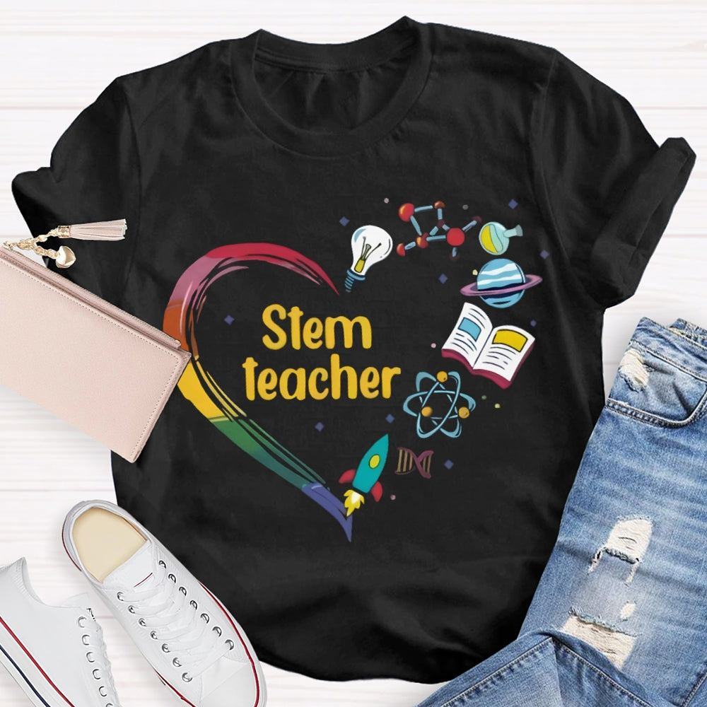 Stem A Heart Made Of Light Bulbs, School Bags And Airplanes Science Math Art And Chemistry Teacher T-shirt