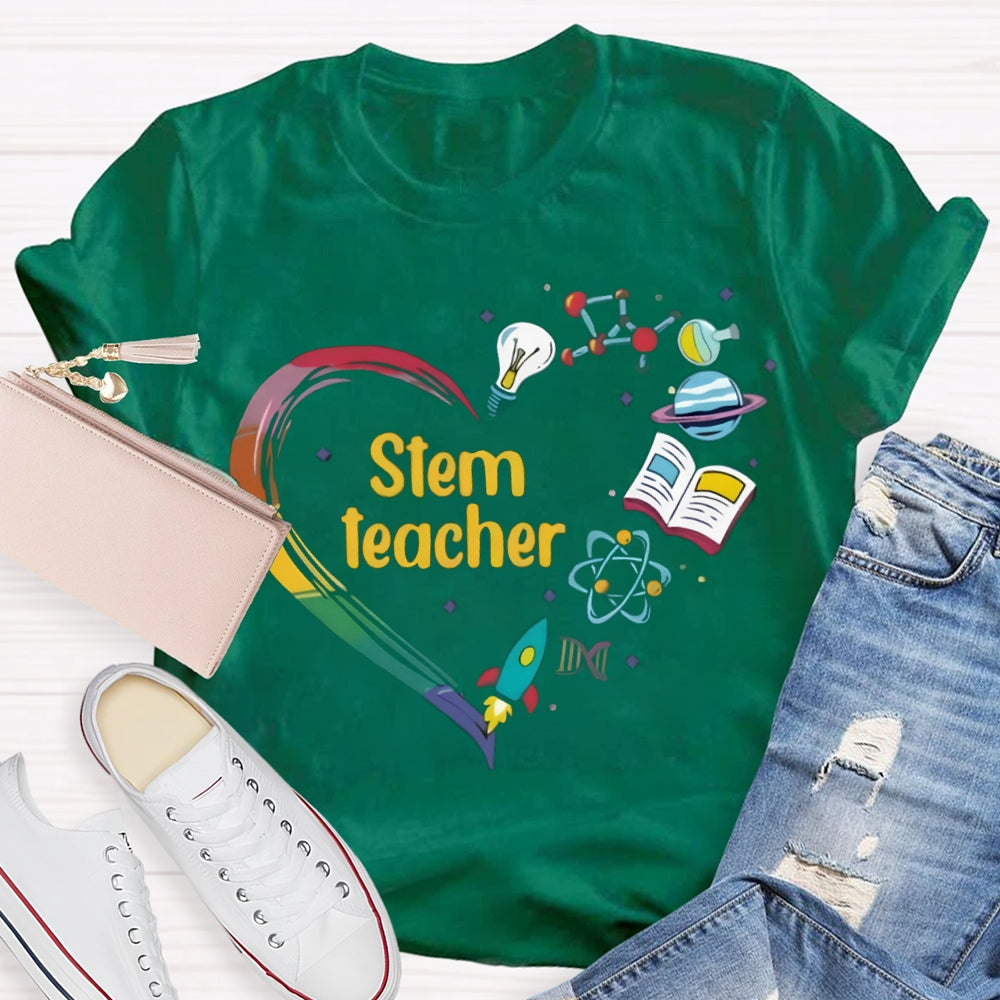 Stem A Heart Made Of Light Bulbs, School Bags And Airplanes Science Math Art And Chemistry Teacher T-shirt