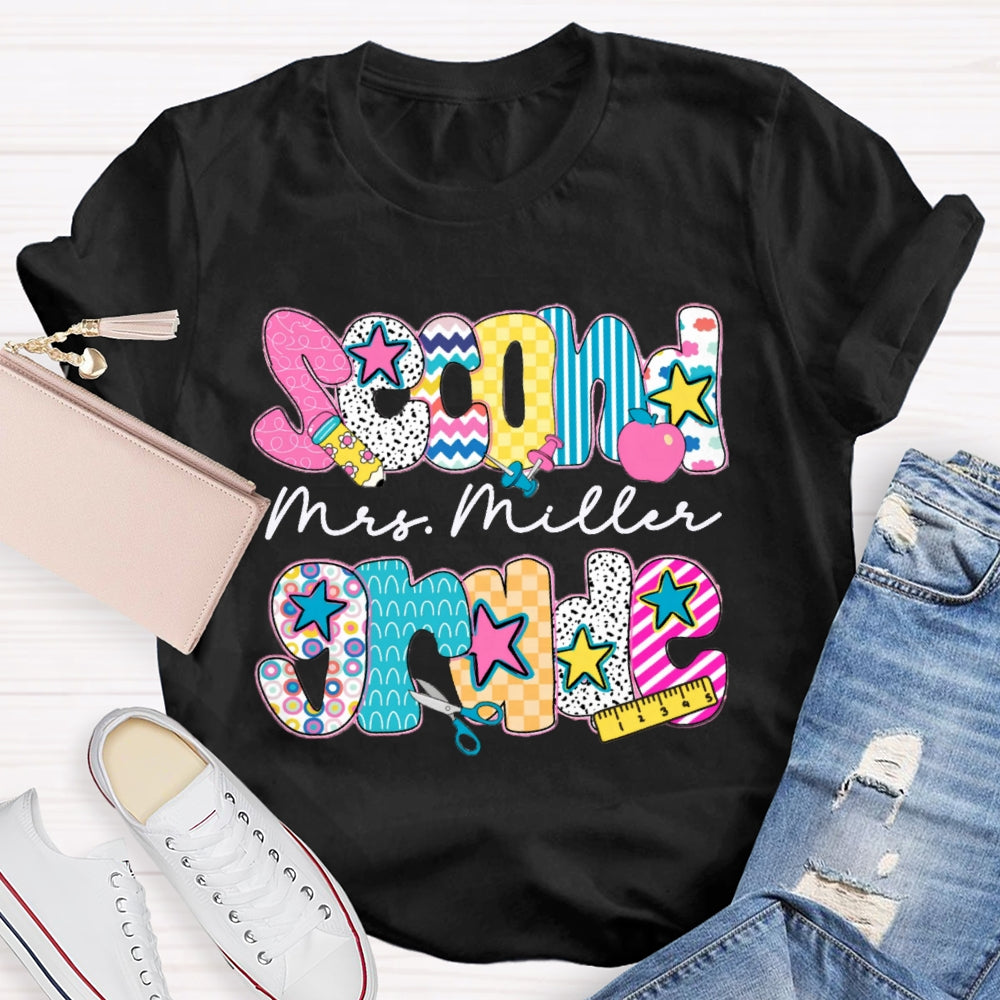 Personalized Name And Grade Second Grade Colorful Letter Print Teacher T-shirt