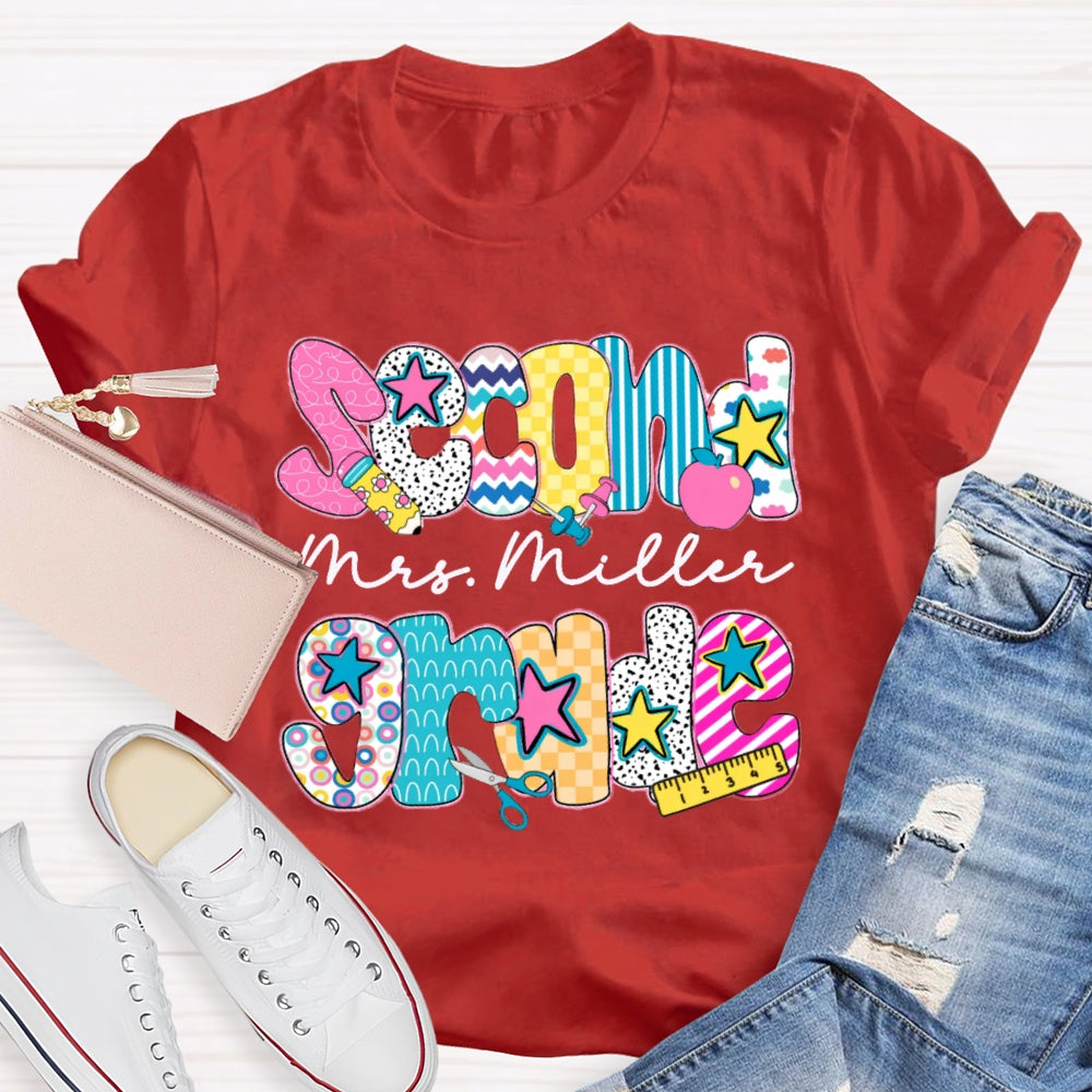 Personalized Name And Grade Second Grade Colorful Letter Print Teacher T-shirt