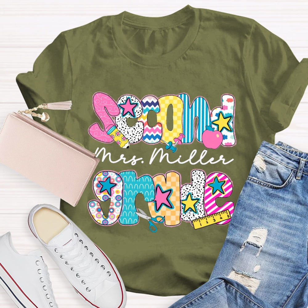 Personalized Name And Grade Second Grade Colorful Letter Print Teacher T-shirt