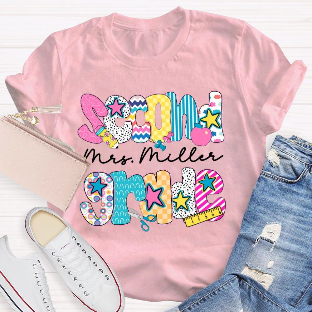 Personalized Name And Grade Second Grade Colorful Letter Print Teacher T-shirt