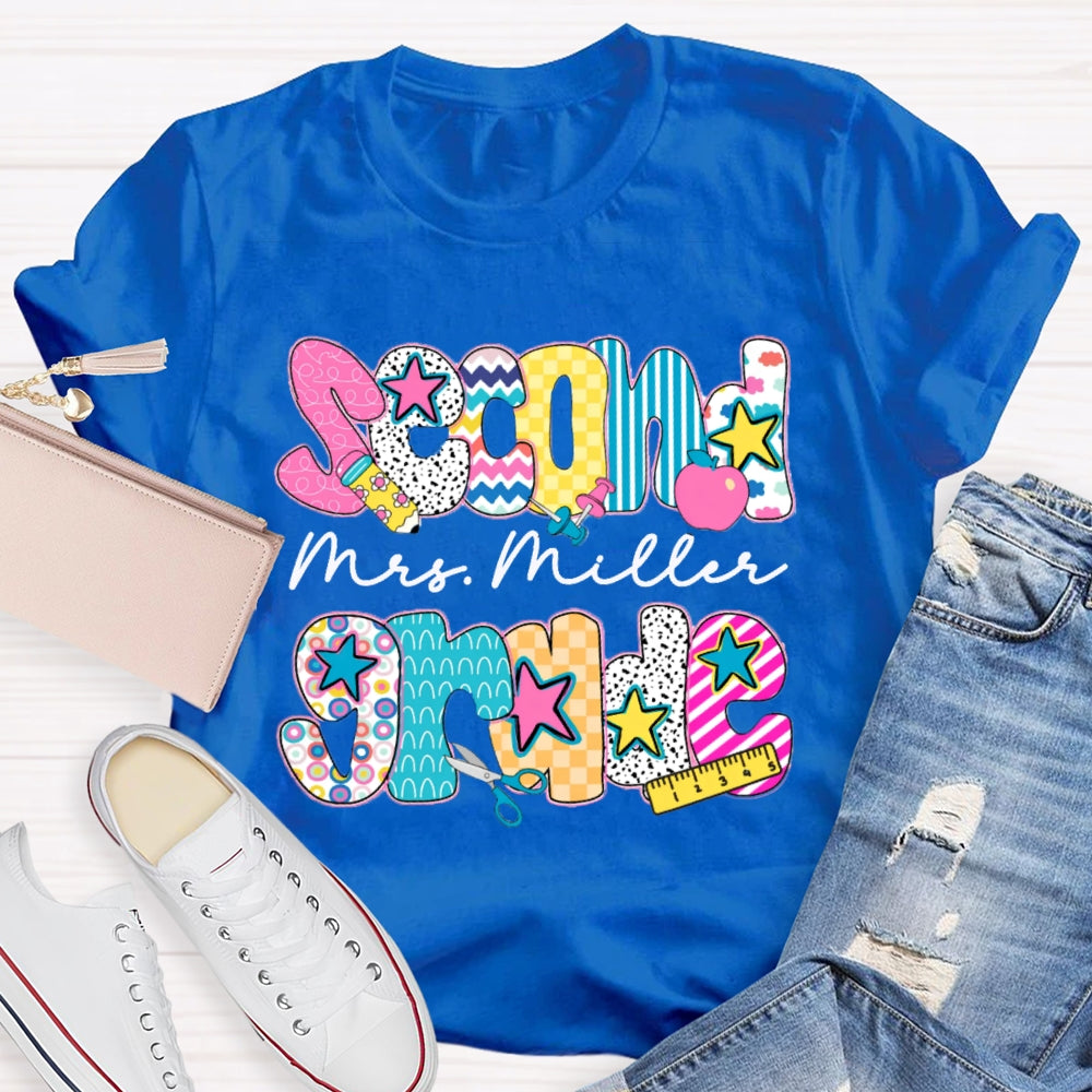 Personalized Name And Grade Second Grade Colorful Letter Print Teacher T-shirt