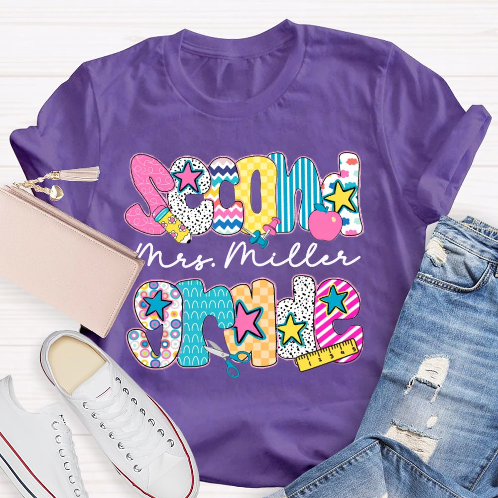 Personalized Name And Grade Second Grade Colorful Letter Print Teacher T-shirt