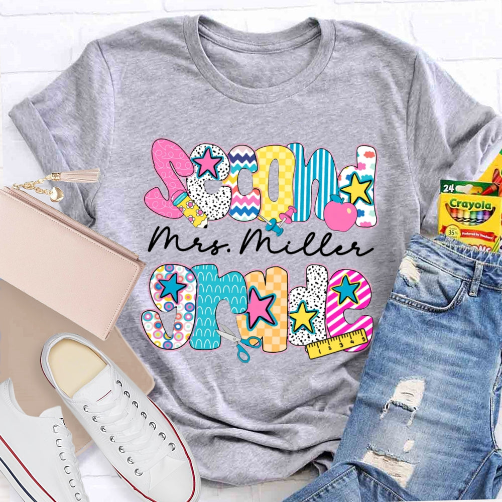 Personalized Name And Grade Second Grade Colorful Letter Print Teacher T-shirt