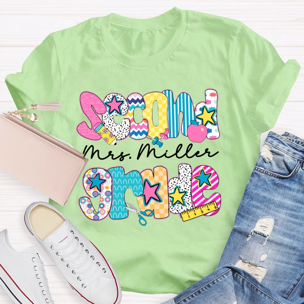 Personalized Name And Grade Second Grade Colorful Letter Print Teacher T-shirt