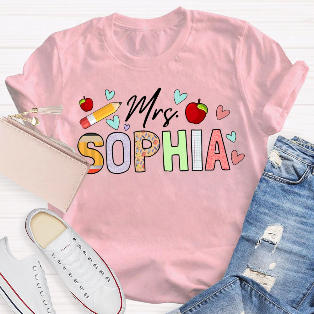 Personalized Name Apples And Heart Pattern Teacher T-shirt