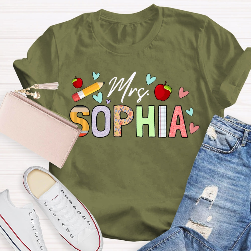 Personalized Name Apples And Heart Pattern Teacher T-shirt