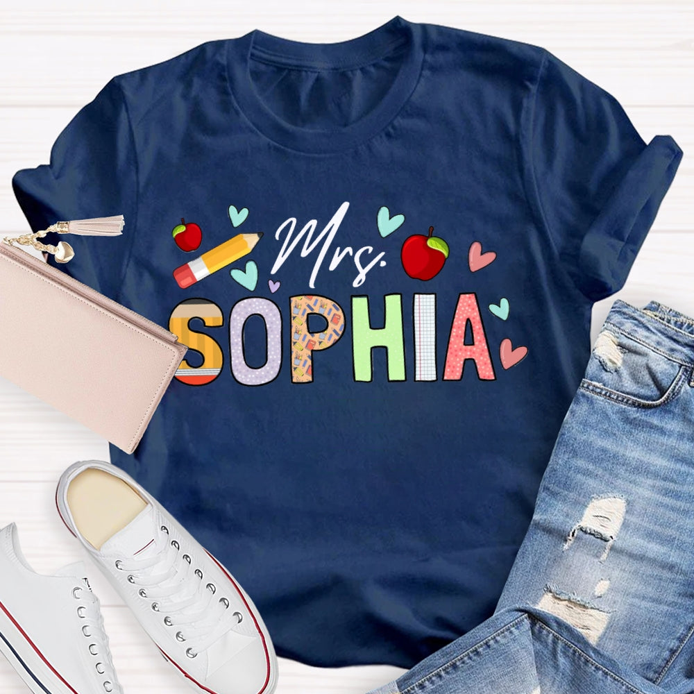 Personalized Name Apples And Heart Pattern Teacher T-shirt