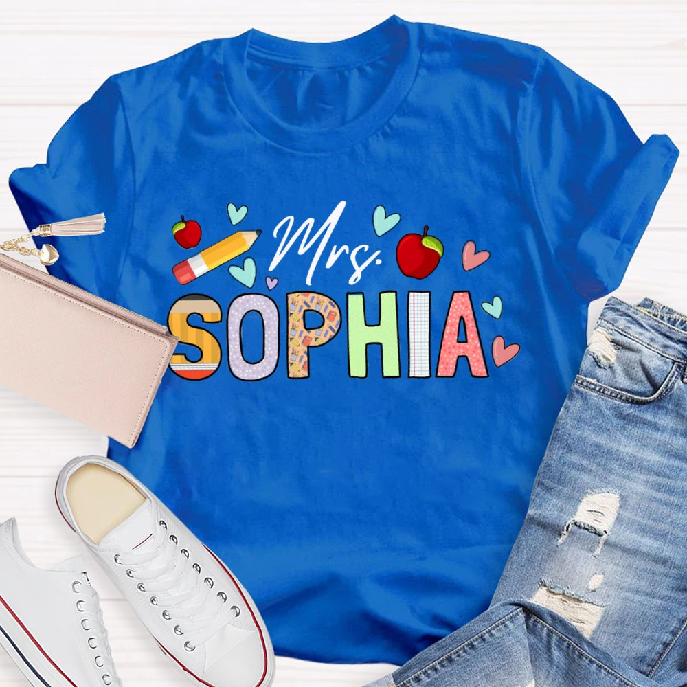 Personalized Name Apples And Heart Pattern Teacher T-shirt